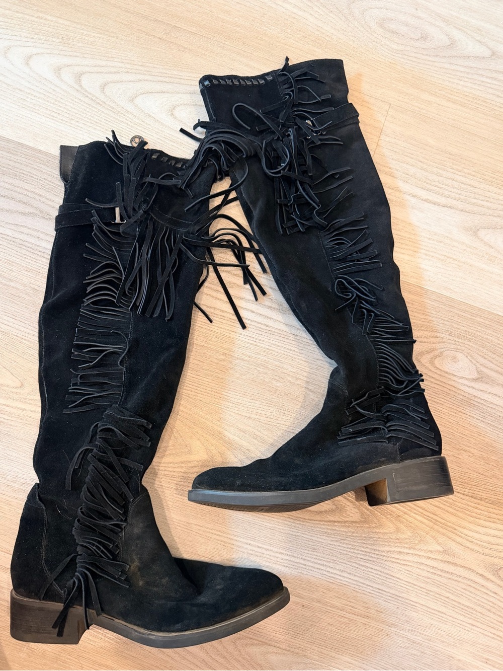 Black Suede Knee high Fringe Boots